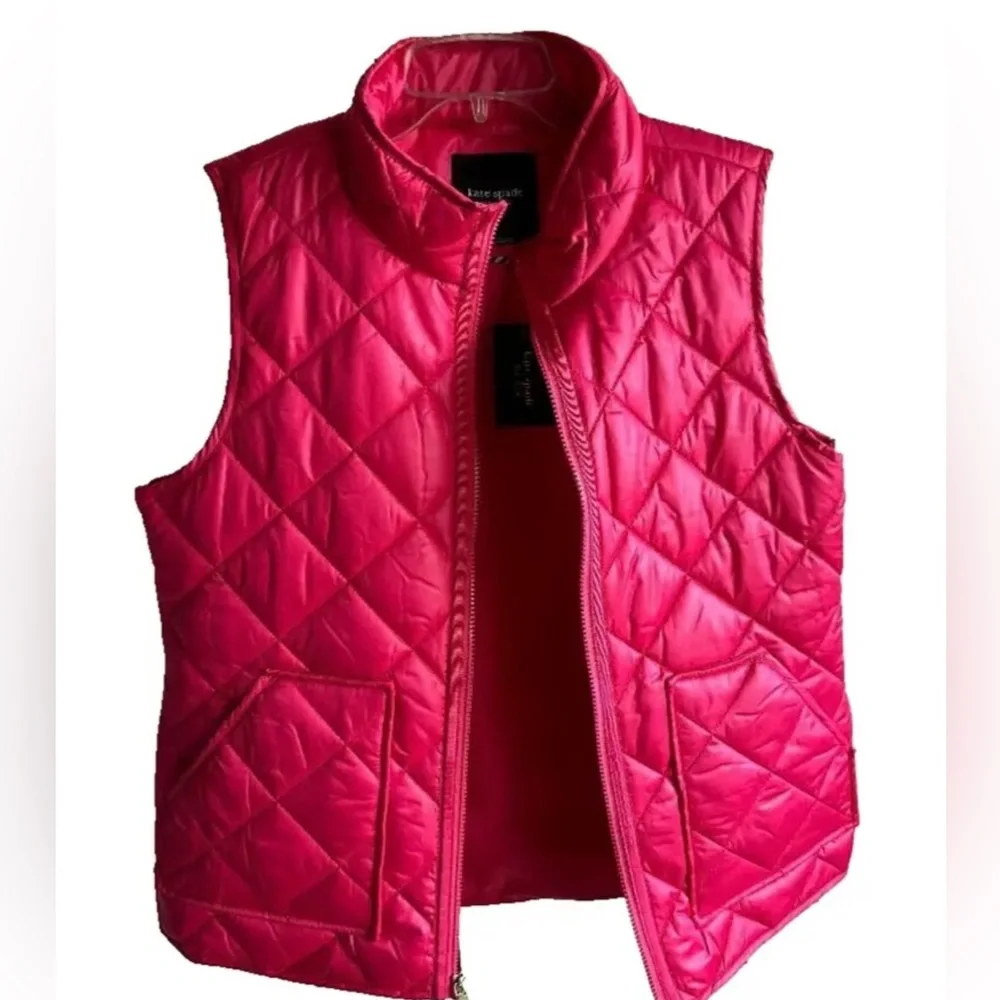 NWT KATE SPADE QUILTED VEST IN BRIGHT PINK SIZE M POM POM‎ PINK BARBIE PINK